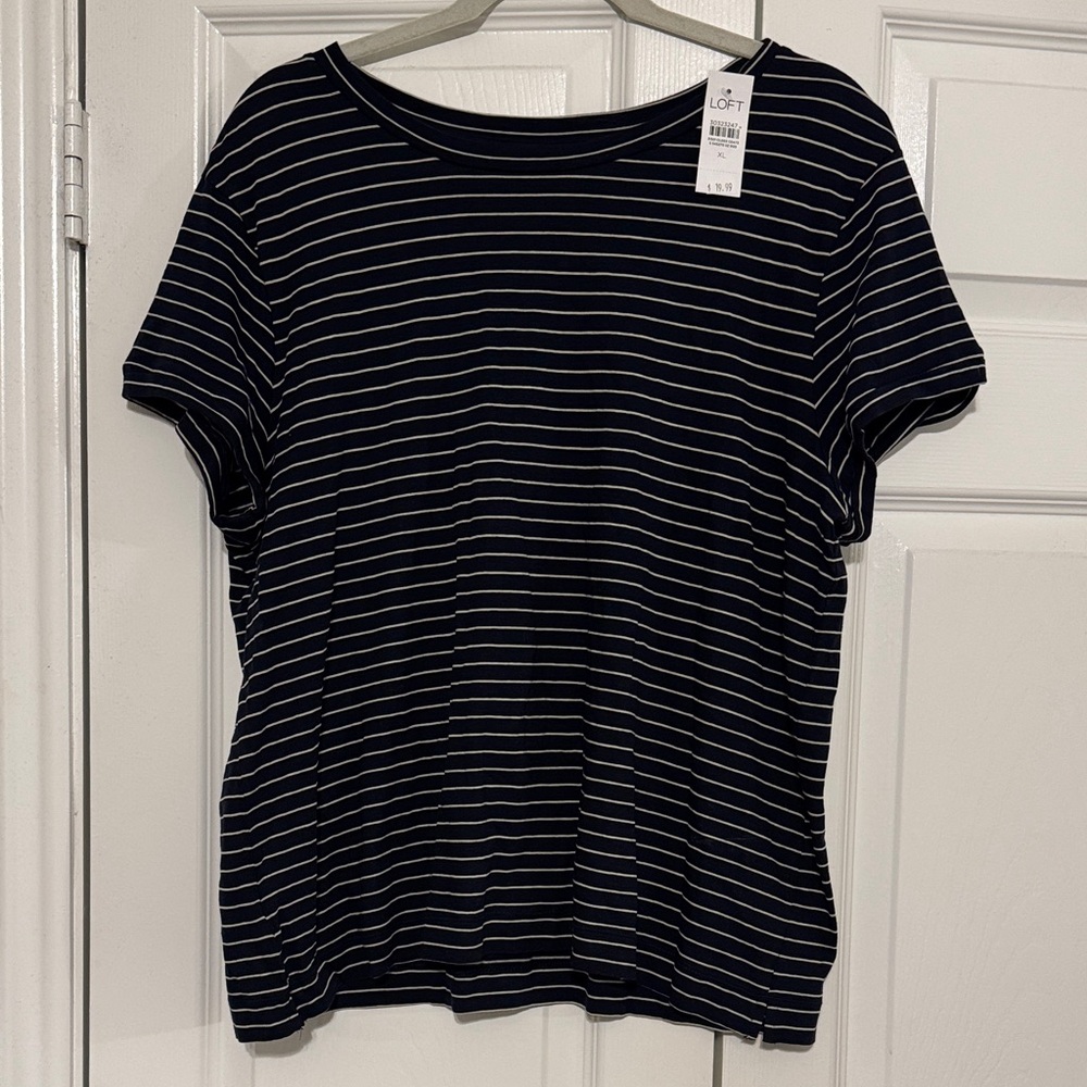 LOFT Women's Navy and Cream Striped Top